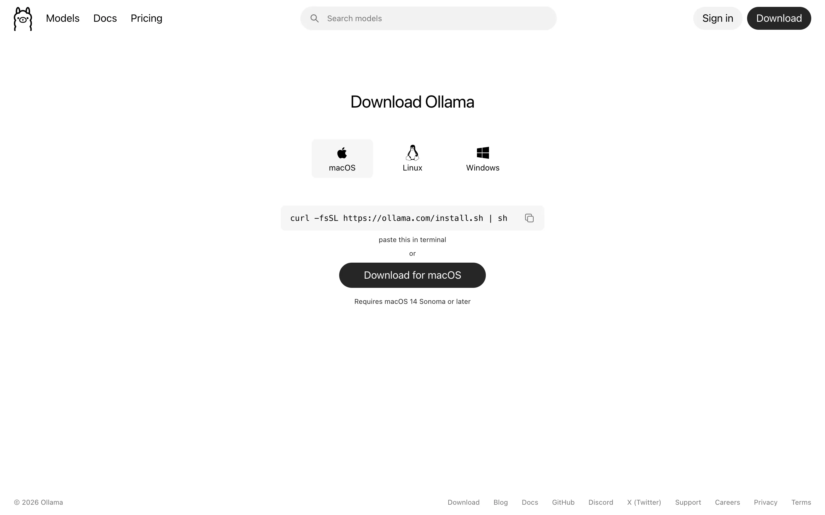图 1：Ollama 官网下载页（ollama.com/download），选择对应系统