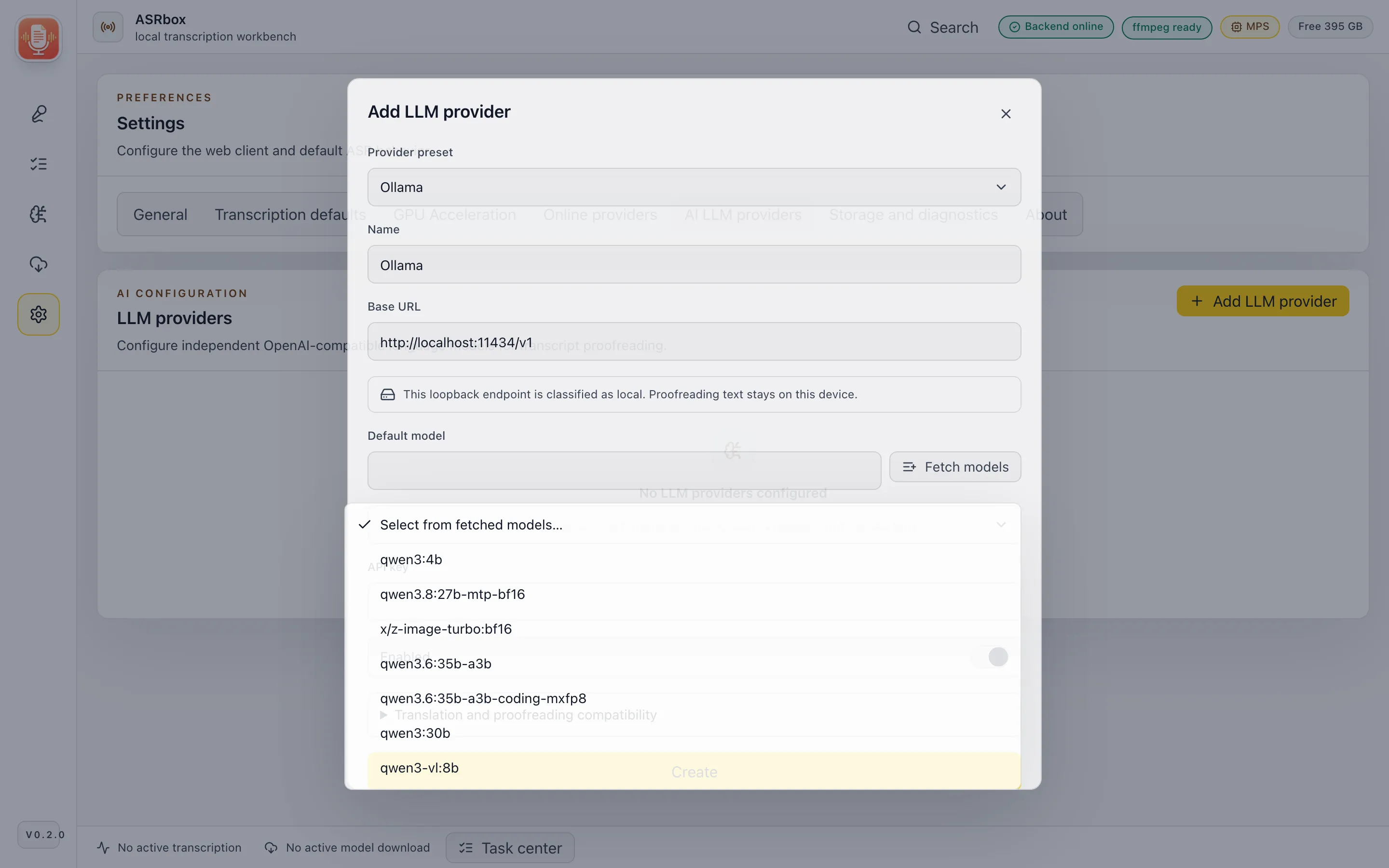 Figure 4: with the Ollama preset, "Fetch models" lets you pick a local model directly